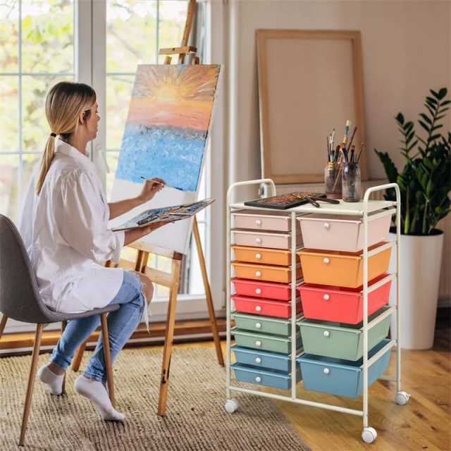 15-Drawer Rolling Storage Cart, Art & Craft Organizer with Wheels & Removable Drawers for Tools, Scrapbook Paper, Home Office School