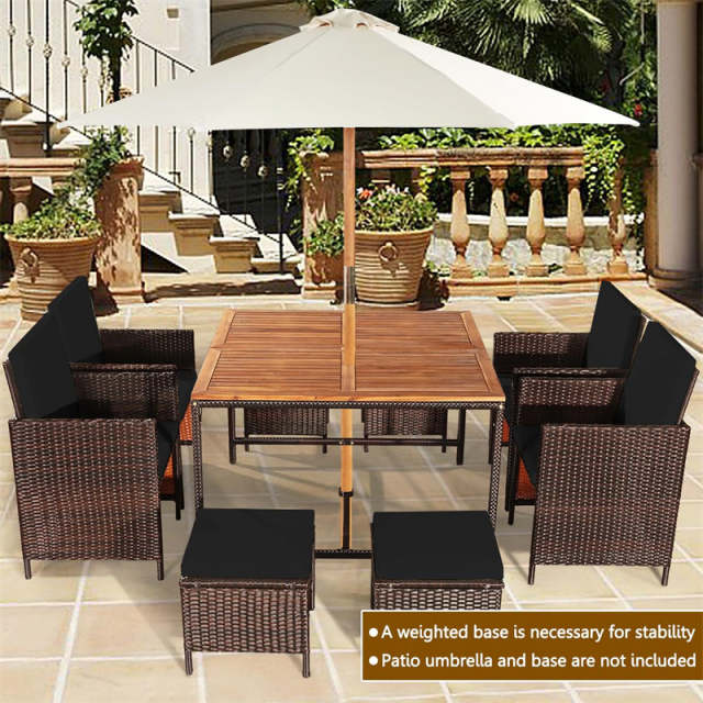 9-Piece Acacia Wood Rattan Patio Dining Set w/Cushioned Chairs, Ottomans & Umbrella Hole, Space Saving Outdoor Furniture for Backyard Garden