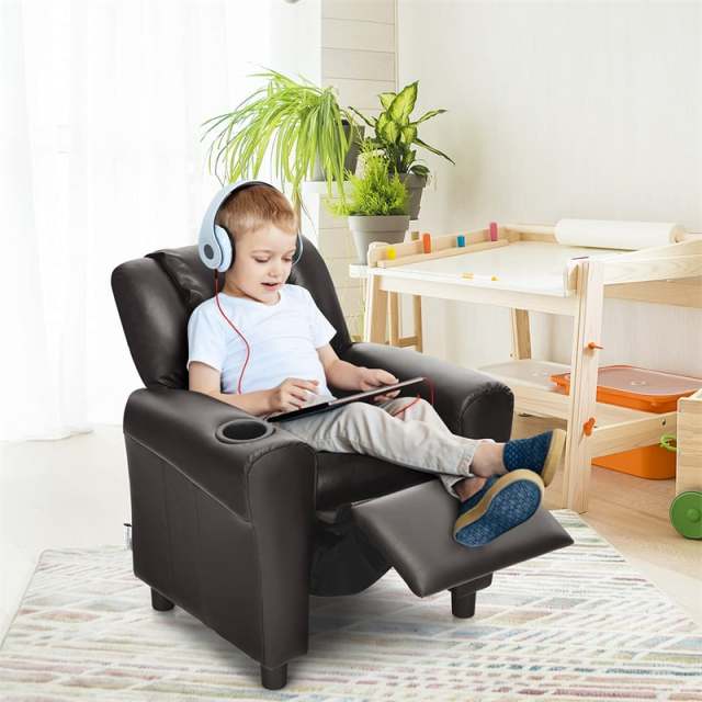 Kids Recliner Chair with Cup Holder, Armrests & Retractable Footrest, Children PU Leather Sofa Armchair, Ergonomic Toddler Room Furniture