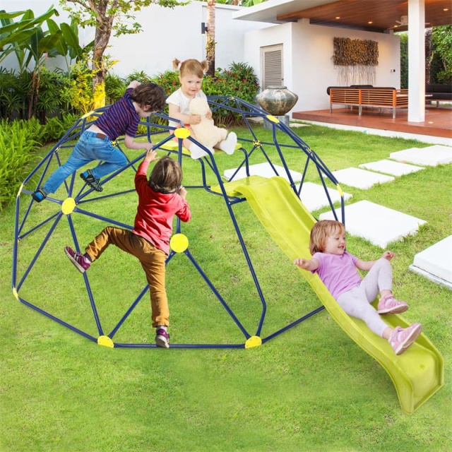 13.3FT Climbing Dome with Extended Wavy Slide, Kids Outdoor Jungle Gym Monkey Bar Geometric Dome Climber Climbing Toys for Toddlers
