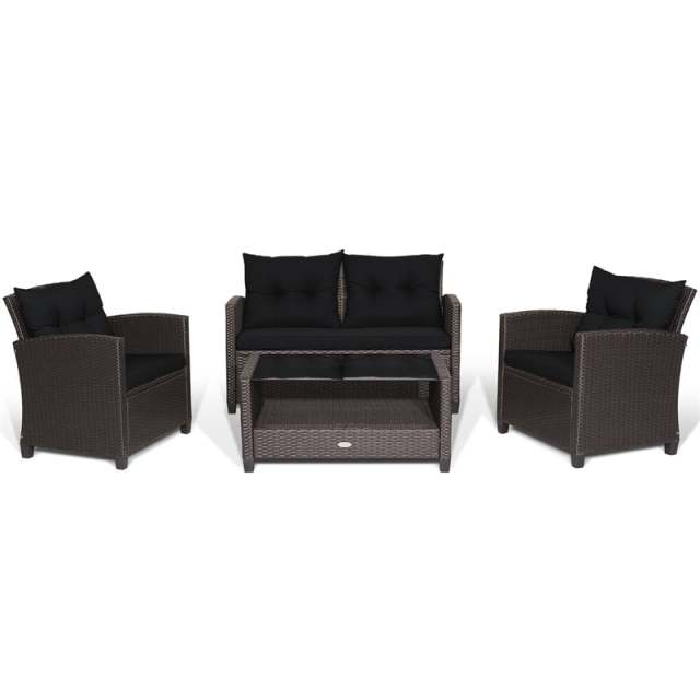 4 Piece Outdoor Rattan Furniture Set, Patio Conversation Set with Lower Shelf Coffee Table, Loveseat, 2 Cushioned Chairs for Garden Backyard