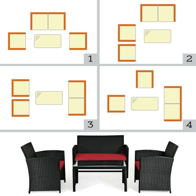 4-Piece Rattan Patio Furniture Set, Weather-Resistant Outdoor Wicker Conversation Sofa with Cushions & Tempered Glass Table for Backyard