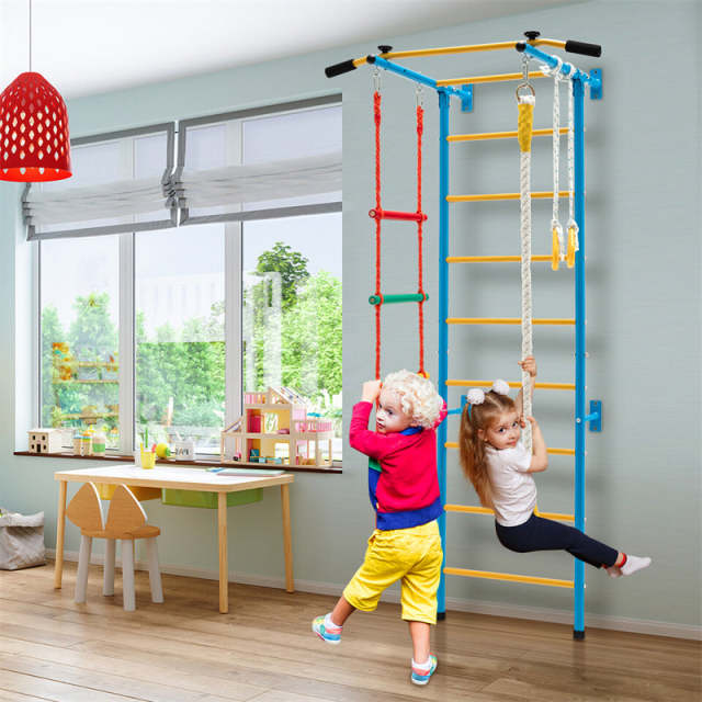 5-in-1 Kids Indoor Jungle Gym, Steel Swedish Ladder Wall Set with Pull-Up Bar, Rope Ladder & Gymnastic Rings, Toddler Climbing Toys for Exercise Play