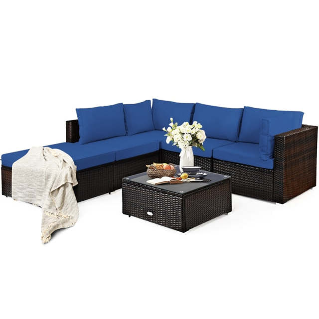 6 Piece Outdoor Rattan Sectional Sofa Set, Wicker Patio Conversation Furniture with 4 Cushioned Chairs, Ottoman & Coffee Table for Backyard