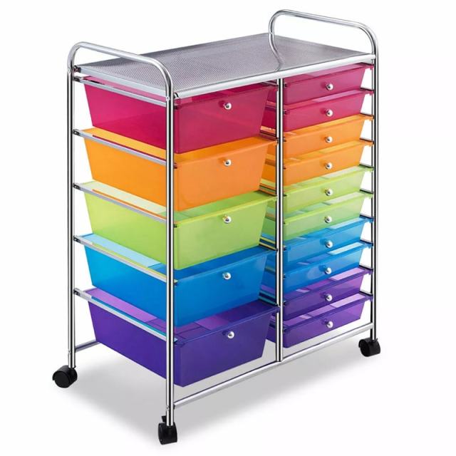 15-Drawer Rolling Storage Cart, Art & Craft Organizer with Wheels & Removable Drawers for Tools, Scrapbook Paper, Home Office School