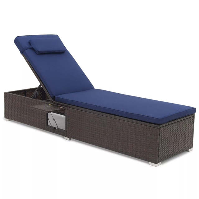 Patio Chaise Lounge, Outdoor Rattan Lounge Chair with 6-Level Adjustable Backrest, Cushion & Headrest, Metal Frame Backyard Reclining Chair