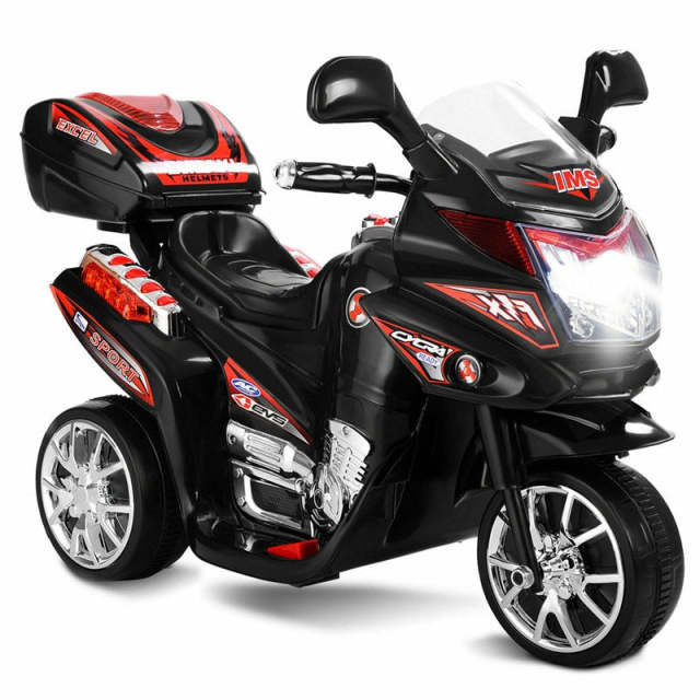 6V Kids Ride-On Motorcycle, Battery Powered 3-Wheel Motorcycle with LED Headlights, Music, Storage Trunk, Electric Motorcycle Toy for Boys/Girls he1