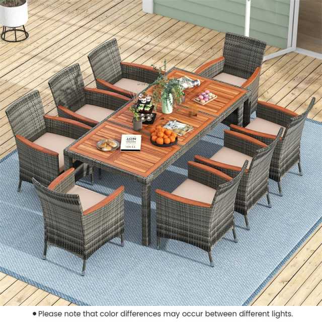 9 Piece Patio Rattan Dining Set with 8 Cushioned Armchairs, Acacia Wood Top Table & Umbrella Hole, Outdoor Dining Furniture for Poolside, Backyard