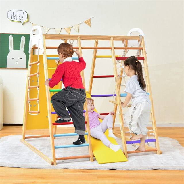 Indoor Jungle Gym for Kids, 8-in-1 Toddler Wooden Montessori Indoor Playground Climber Playset with Slide, Monkey Bars, Climbing Rock & Net