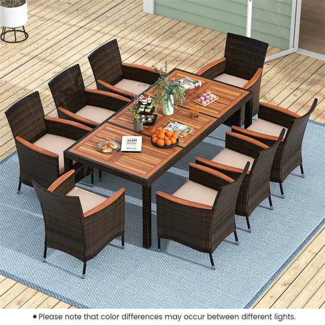 9 Piece Outdoor Dining Set, Acacia Wood & Wicker Patio Furniture Set with Cushioned Stackable Chairs & Umbrella Hole Dining Table for Backyard Garden