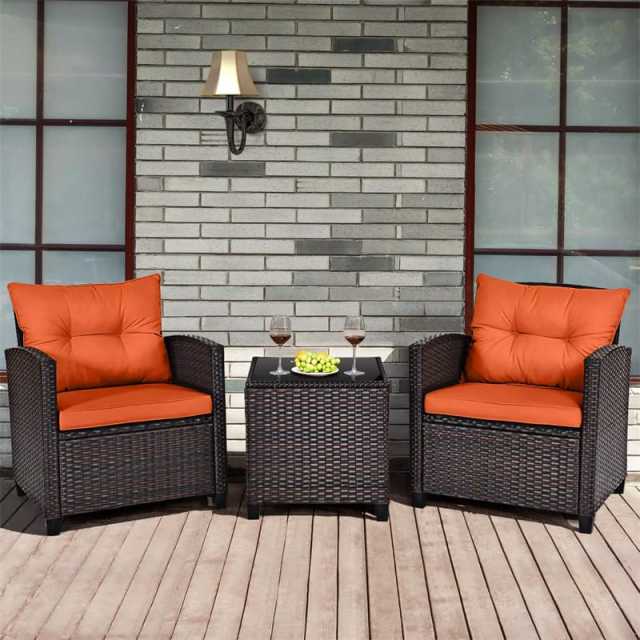 3PCS Rattan Patio Furniture Set with Washable Cushions & Tempered Glass Coffee Table, Outdoor Wicker Conversation Set for Garden, Balcony