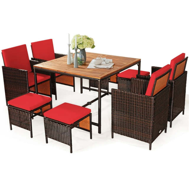 9-Piece Acacia Wood Rattan Patio Dining Set w/Cushioned Chairs, Ottomans & Umbrella Hole, Space Saving Outdoor Furniture for Backyard Garden