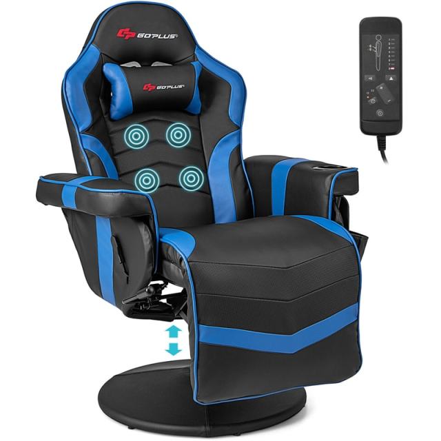 Gaming Recliner Adjustable Height Massage Gaming Chair with Retractable Footrest & Cup Holder, Ergonomic Swivel Video Game Chair Recliner Sofa