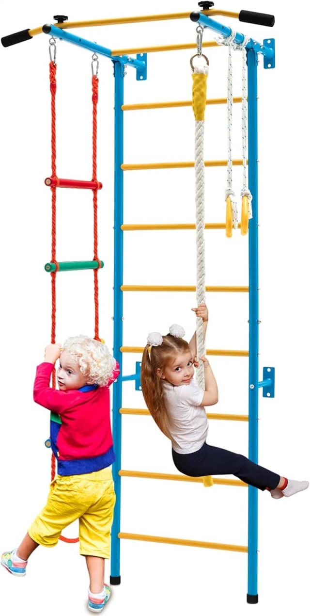 5-in-1 Kids Indoor Jungle Gym, Steel Swedish Ladder Wall Set with Pull-Up Bar, Rope Ladder & Gymnastic Rings, Toddler Climbing Toys for Exercise Play