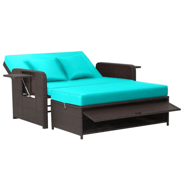 Patio Rattan Daybed Set, Outdoor Wicker Loveseat Sofa w/Multipurpose Ottoman, Retractable Side Tray, 4-Level Adjustable Backrest & Cushions
