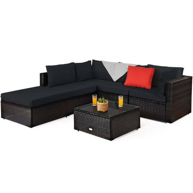 6 Piece Outdoor Rattan Sectional Sofa Set, Wicker Patio Conversation Furniture with 4 Cushioned Chairs, Ottoman & Coffee Table for Backyard