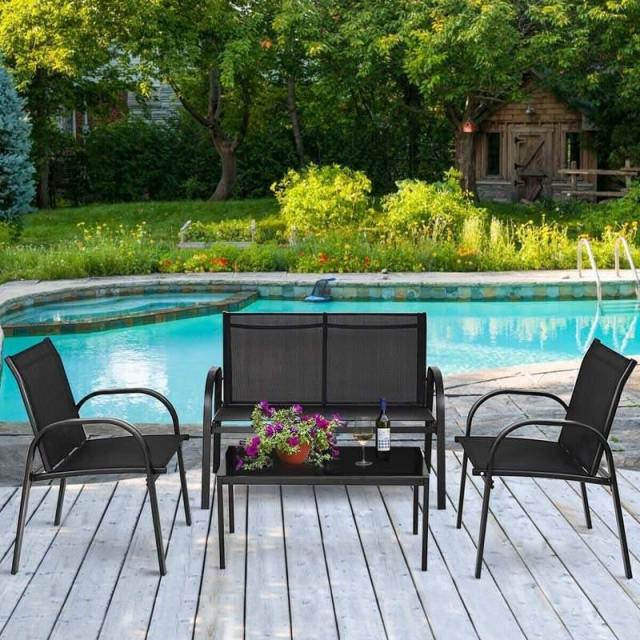 4 Pcs Patio Furniture Set Loveseat Sofa Table Steel Frame Garden Deck Conversation Set with Glass Top Coffee Table