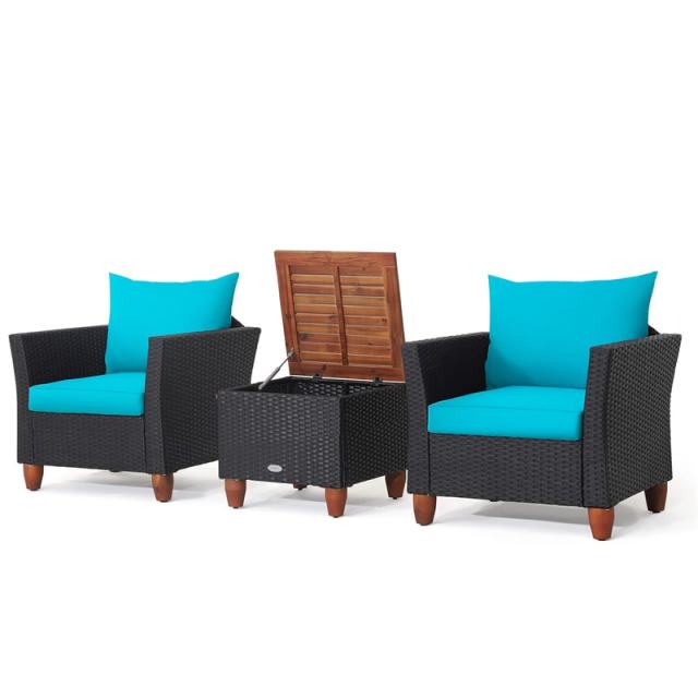 3PCS Patio Rattan Furniture Set Cushioned Sofa Chair Storage Coffee Table with Acacia Wood Top, Outdoor Wicker Conversation Set for Garden