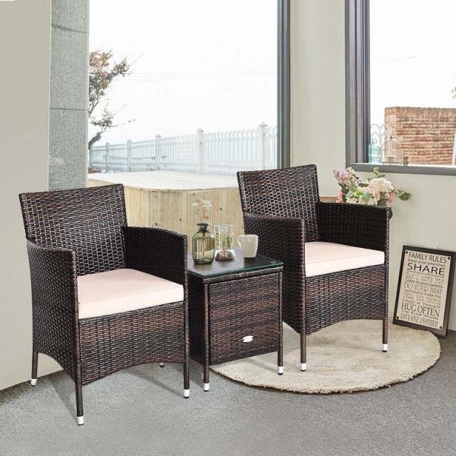Bestoutdor 3 Piece Patio Rattan Furniture Set, Outdoor Wicker Bistro Set with Cushions & Glass Top Coffee Table for Garden, Porch, Lawn