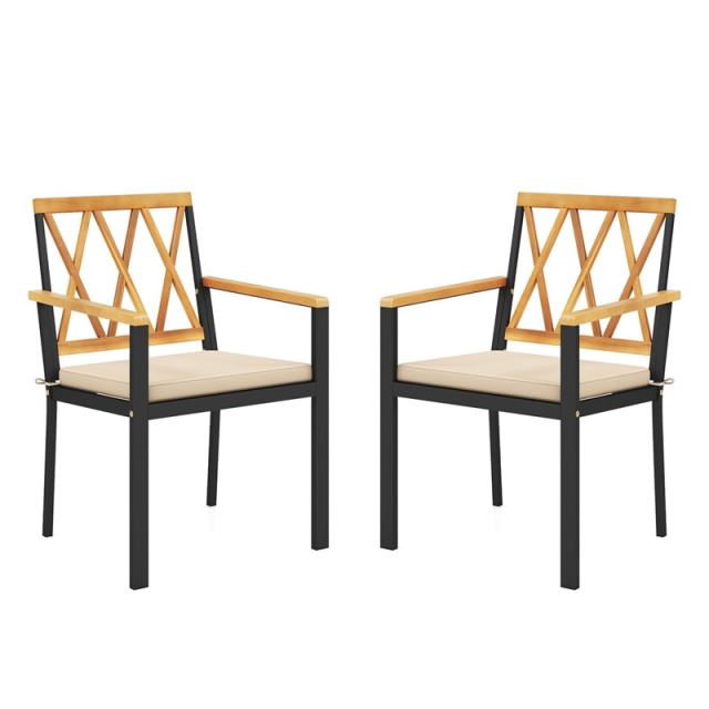 Metal Patio Dining Chairs with Removable Padded Cushions, Acacia Wood Backrests & Armrests, 400LBS Capacity Outdoor Bistro Chairs Crossed Back