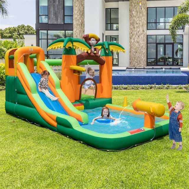 Inflatable Water Slide, 7-in-1 Jungle Monkey Theme Bounce House Water Park with 680W Blower, Long Slide & Splash Pool for Big Kids Backyard Party Fun