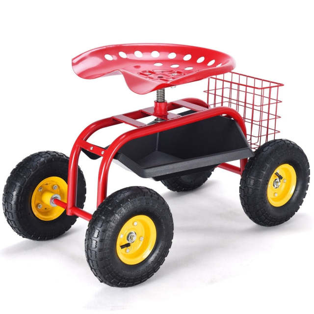 Rolling Garden Cart with 360° Swivel Seat, Tool Basket, Adjustable Height, 300LB Capacity Heavy Duty Gardening Seat for Lawn, Yard Work, Seniors