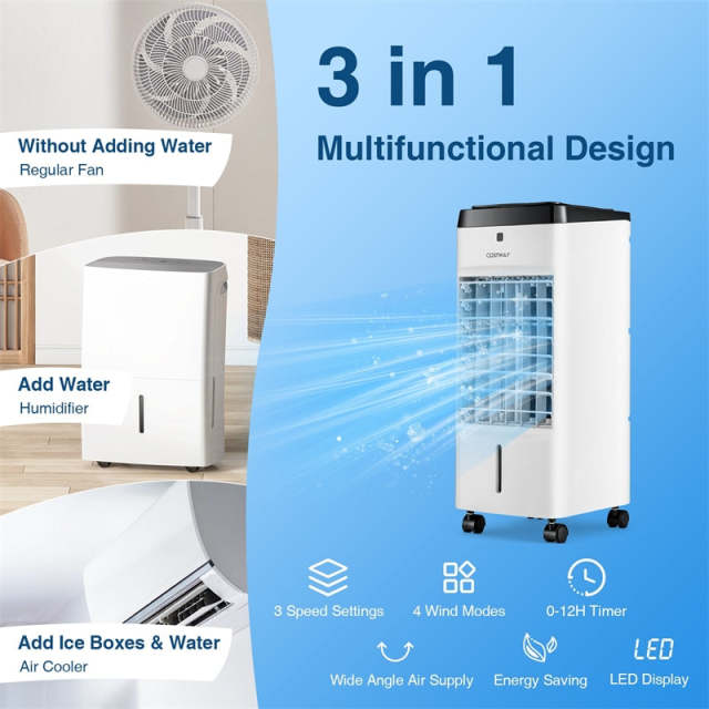 3-in-1 Portable Evaporative Air Cooler, Quiet Swamp Cooler with Remote Control, 9Gal Water Tank, Ice Packs, 70° Oscillation for Home Office, Bedroom