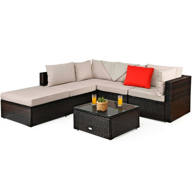 6 Piece Outdoor Rattan Sectional Sofa Set, Wicker Patio Conversation Furniture with 4 Cushioned Chairs, Ottoman & Coffee Table for Backyard