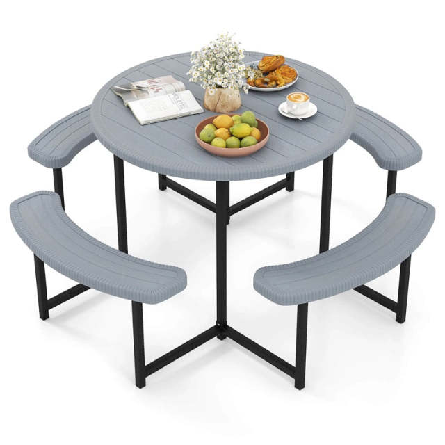 8 Person Round Outdoor Picnic Table Bench Set with Umbrella Hole, HDPE Tabletop, Metal Frame & 2000lbs Capacity for Patio, Garden, Lawn