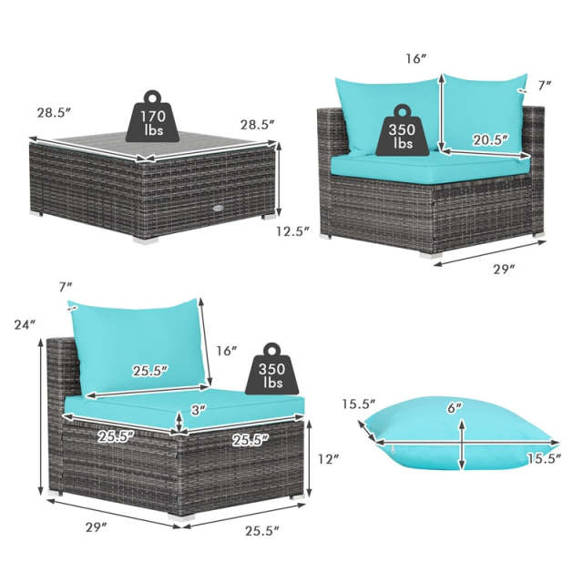 7PCS PE Rattan Modular Outdoor Sectional Set with Tempered Glass Top Table & Cushions, Patio Sofa Furniture for Backyard, Poolside Garden