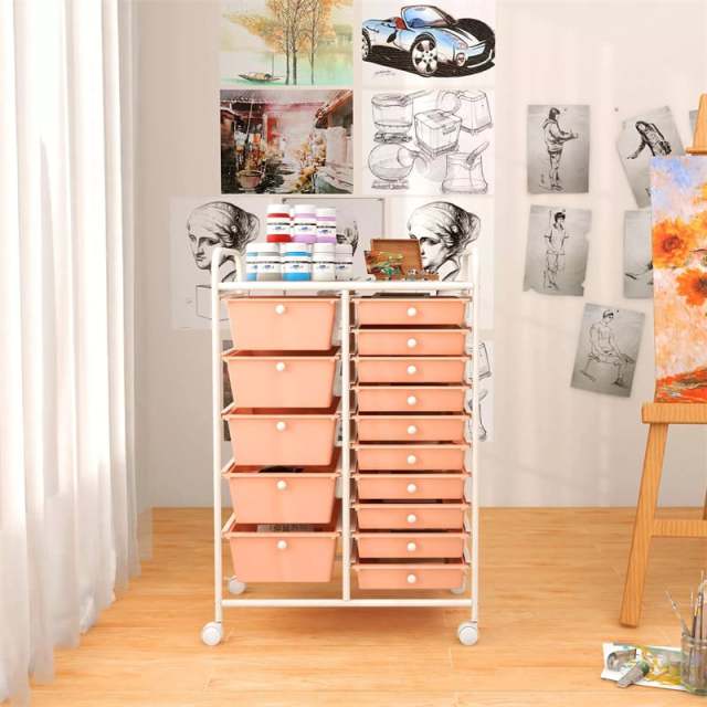 15-Drawer Rolling Storage Cart, Art & Craft Organizer with Wheels & Removable Drawers for Tools, Scrapbook Paper, Home Office School