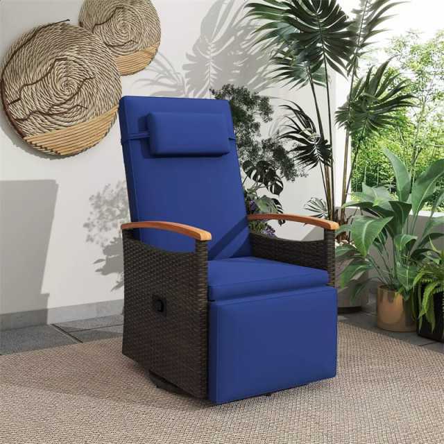2PCS Outdoor 360° Swivel Rattan Recliner Chair, Patio Wicker Chaise Lounge Chair with Flip Side Table, Cushion, Adjustable Backrest & Footrest