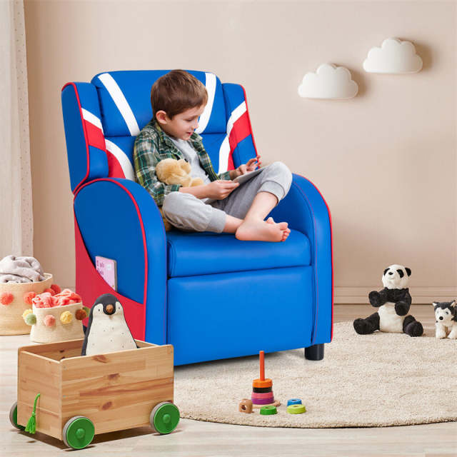 Kids Recliner Chair, Adjustable Gaming Recliner with Footrest, Headrest, Lumbar Support & Side Pockets, Ergonomic Leather Sofa for Boys Girls