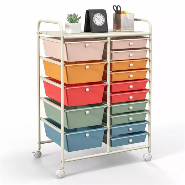 15-Drawer Rolling Storage Cart, Art & Craft Organizer with Wheels & Removable Drawers for Tools, Scrapbook Paper, Home Office School