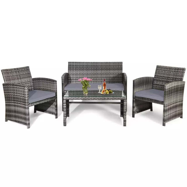 4-Piece Patio Wicker Conversation Set, Outdoor Rattan Sofa Chairs with Cushions & Tempered Glass Coffee Table for Balcony, Backyard, Garden