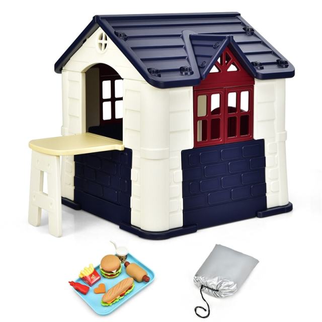 Kids Playhouse, Cottage Pretend Play House with 7PCS Toy Set, Picnic Table & Waterproof Cover for Indoor Outdoor, Boys & Girls Gifts