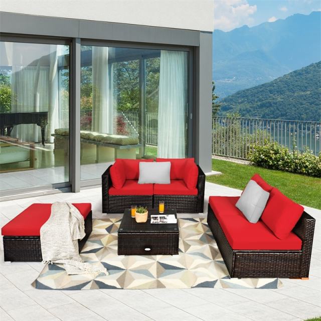6 Piece Outdoor Rattan Sectional Sofa Set, Wicker Patio Conversation Furniture with 4 Cushioned Chairs, Ottoman & Coffee Table for Backyard
