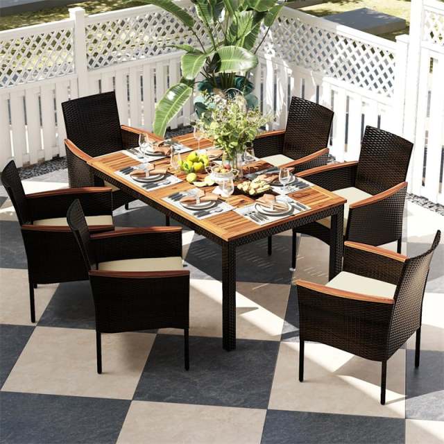 7 Piece PE Rattan Dining Set with Acacia Wood Table, Stackable Cushioned Chairs & Umbrella Hole, Outdoor Table Chairs for 6, Garden/Backyard/Poolside