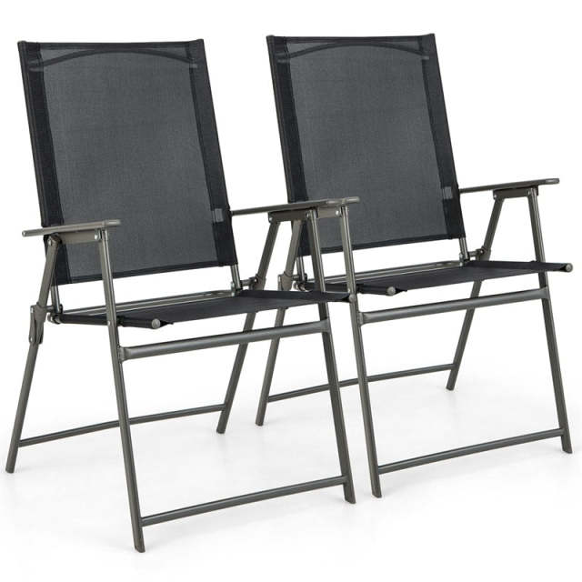 2PCS Outdoor Folding Chairs Weather-Resistant High Back Patio Dining Chairs Metal Frame Portable Chairs with Armrests & Footrest