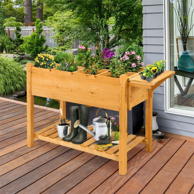 Wood Raised Garden Bed 8 Grids Elevated Planter Box with Folding Side Work Table & Large Storage Shelf for Outdoor Patio Garden Backyard h1