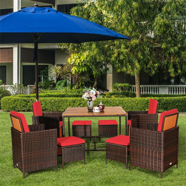 9-Piece Acacia Wood Rattan Patio Dining Set w/Cushioned Chairs, Ottomans & Umbrella Hole, Space Saving Outdoor Furniture for Backyard Garden
