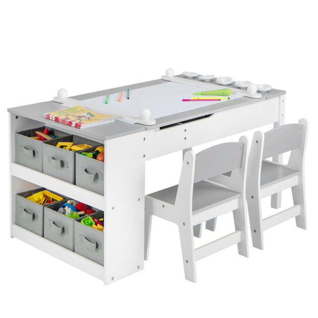 3-in-1 Kids Table & Chair Set, Wood Art Table & Easel with 2 Chairs, 6 Storage Bins, Paper Roller & Paint Cups, Toddler Crafts Table Chair Set