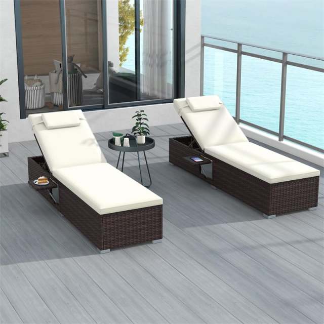 Patio Chaise Lounge Set of 2, Outdoor Rattan Lounge Chairs with 6-Level Adjustable Backrest, Cushions & Headrests, Metal Frame for Backyard