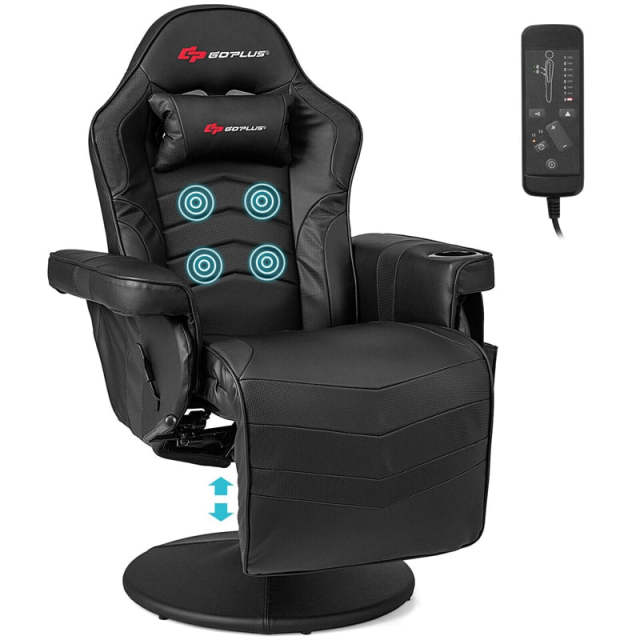 Gaming Recliner Adjustable Height Massage Gaming Chair with Retractable Footrest & Cup Holder, Ergonomic Swivel Video Game Chair Recliner Sofa