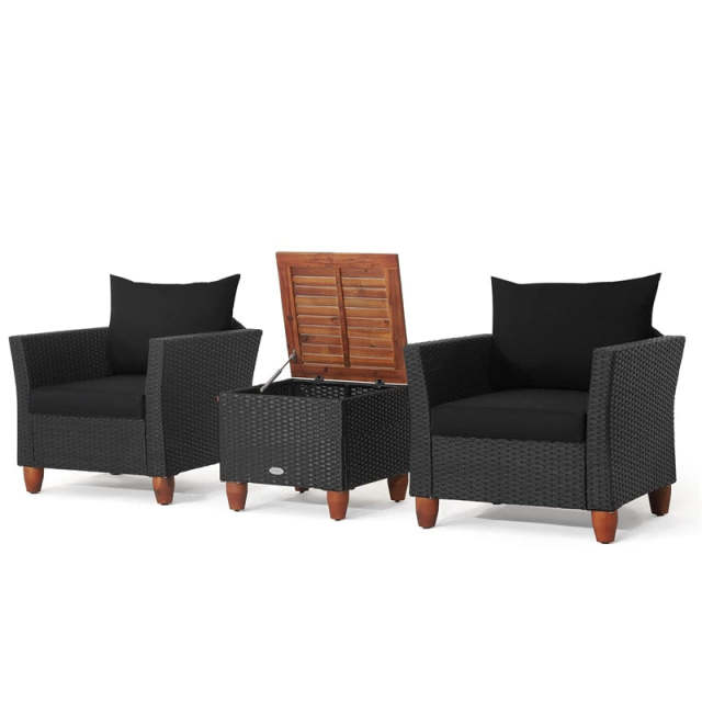 3PCS Patio Rattan Furniture Set Cushioned Sofa Chair Storage Coffee Table with Acacia Wood Top, Outdoor Wicker Conversation Set for Garden