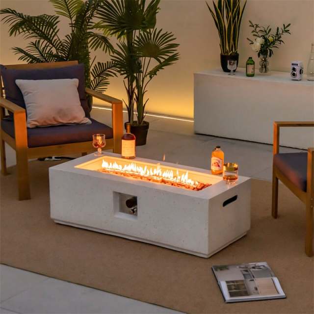 42" Terrazzo Fire Pit Table, 50,000 BTU Rectangle Outdoor Propane Gas Fire Pit with Stainless Steel Burner, PVC Cover, Auto-Ignition, CSA Certified