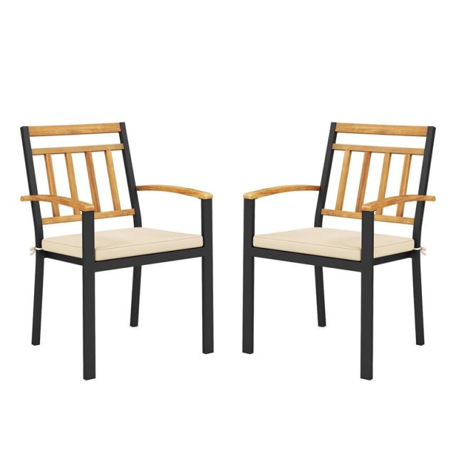 Patio Dining Chairs Metal Outdoor Chairs with Removable Padded Cushions, Acacia Wood Backrests & Armrests, 400lbs Capacity Bistro Chairs