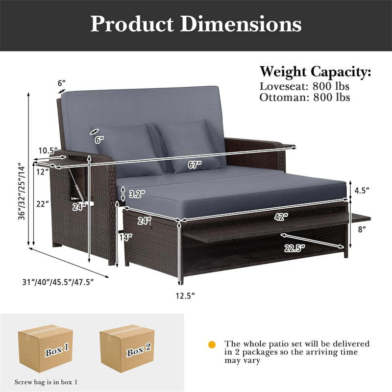 Patio Rattan Daybed Set, Outdoor Wicker Loveseat Sofa w/Multipurpose Ottoman, Retractable Side Tray, 4-Level Adjustable Backrest & Cushions