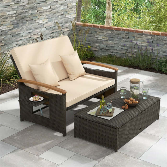 Patio Rattan Daybed Set with Cushioned Loveseat, Storage Ottoman, Retractable Side Tray, Backrest Adjustable Outdoor Double Chaise Lounge