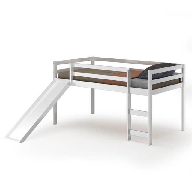 Twin Loft Bed with Slide, Solid Wood Low Loft Bed Twin Loft Bed Frame with Climbing Ladder & Guardrail, Twin Kids Bed for Girls Boys